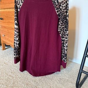 Leopard Sleeve Burgundy Women's Top